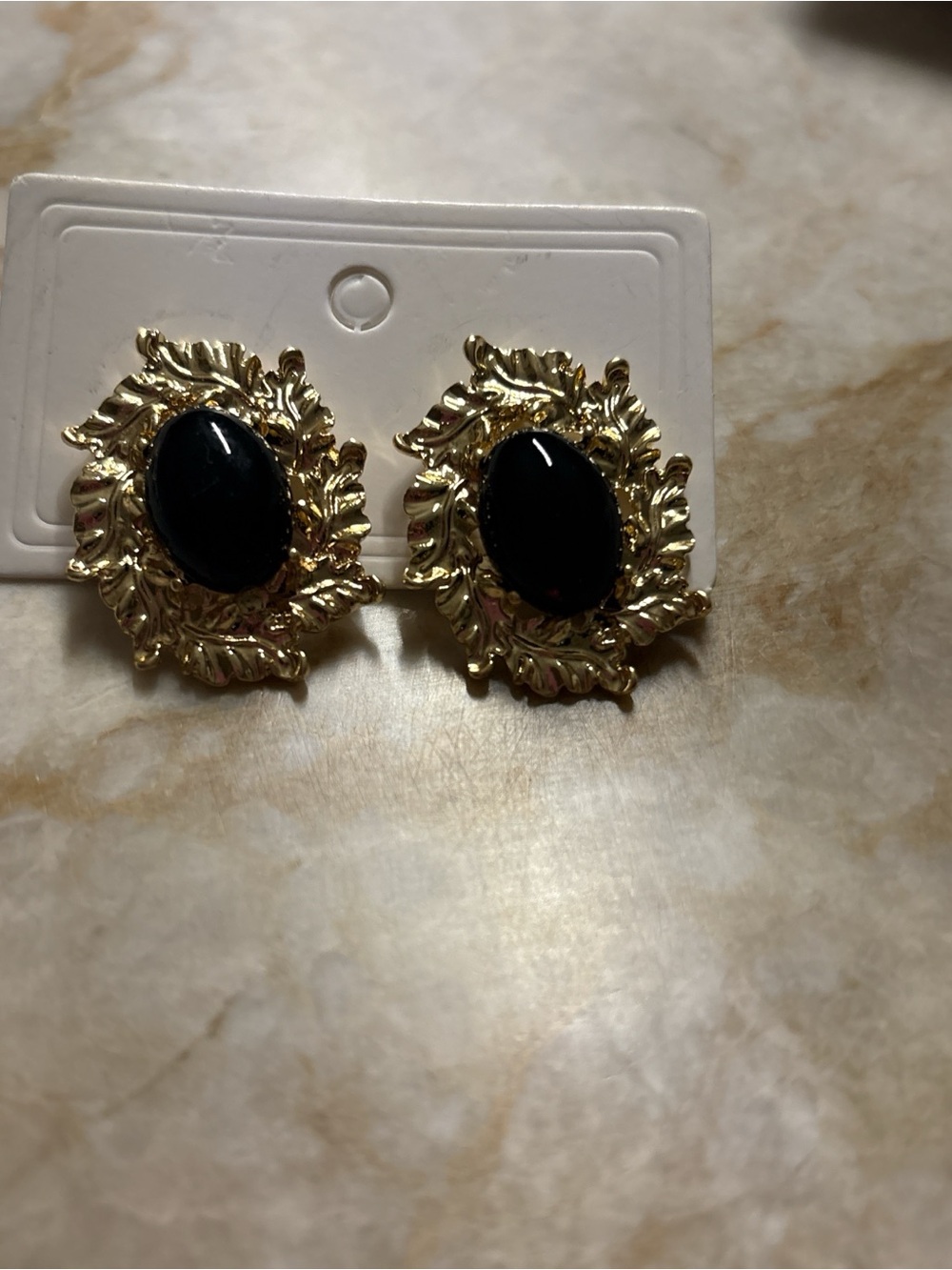 Vintage Gold-Tone Leaf Earrings with Black Cabochon